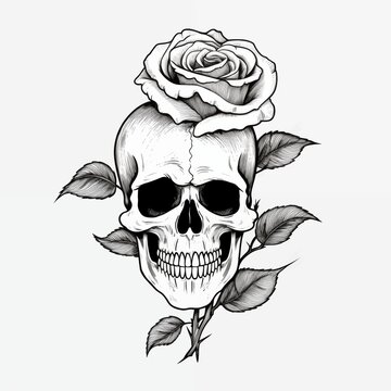 Black-eyed graphic image of a human skull with a rose on a white background. For tattoo decoration