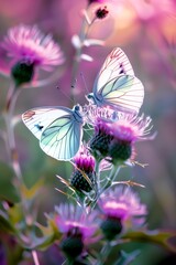 Large White butterflies, Pieris brassicae, lepidoptera,  pink thistles meadow, backlit,...