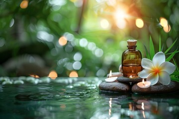 A serene spa environment, with smooth stones, lit candles, and a small bottle, evoking a sense of calm and relaxation - Powered by Adobe