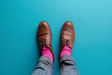 Clean shot of a person wearing brown leather shoes and pink socks against a plain blue backdrop