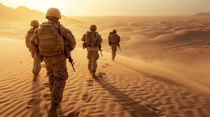 Soldiers walking In The Desert Sand, Military operation - obrazy, fototapety, plakaty