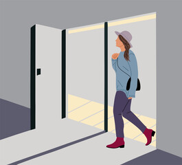 Young woman in casual clothes enters the room through the door. Girl walking to opened door. Pretty female Character by doorway. Starting new day at office. Colorful vector flat illustration.
