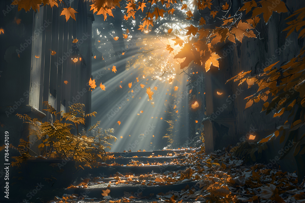 Poster a forest with a path in the middle and leaves falling from the trees. the leaves are orange and the 