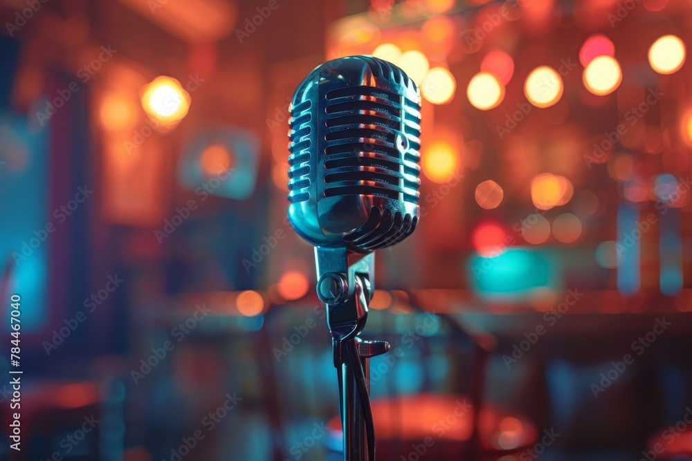 Poster retro microphone in the foreground with a myriad of colorful bokeh lights creating a lively stage sc