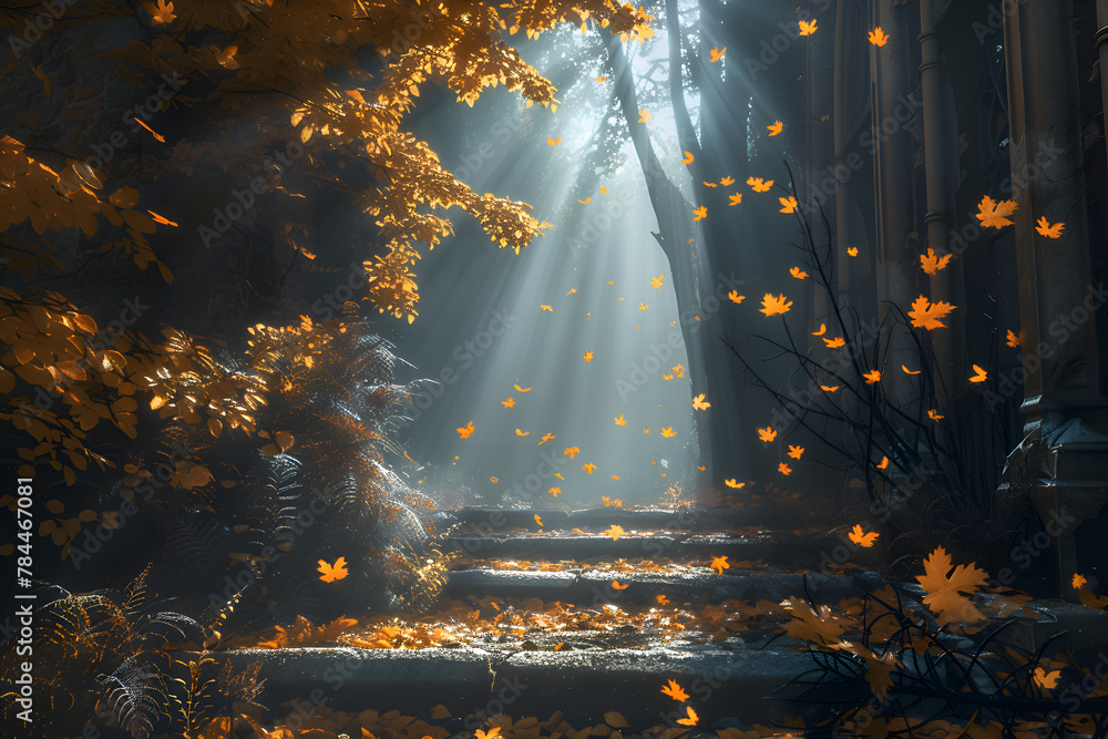 Poster a forest with a path in the middle and leaves falling from the trees. the leaves are orange and the 
