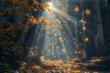 A forest with a path in the middle and leaves falling from the trees. The leaves are orange and the sunlight is shining through the trees. Generative AI - obrazy, fototapety, plakaty