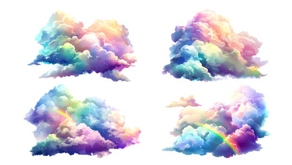 Fototapeta na wymiar Colorful rainbow cloud clip art set, illustration on a white background, in a colorful cartoon style, in a watercolor style, in a fantasy style, with a simple design, simple details