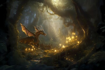 **An enchanted forest illuminated by the soft glow of fireflies, where a regal dragon gracefully moves through the foliage - obrazy, fototapety, plakaty