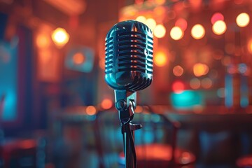 Retro microphone in the foreground with a myriad of colorful bokeh lights creating a lively stage...