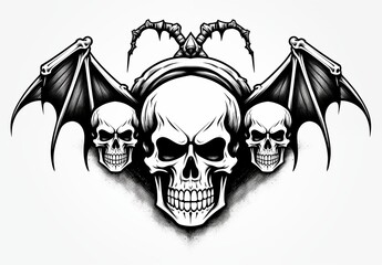 Three-headed skull with wings on white background. For tattoo decoration