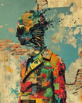 A surreal depiction of a news reporter, their body contorted and twisted, a reflection of the distorted truths they unearth, vibrant