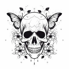 Black-eyed graphic image of human skull with butterflies on white background. For tattoo decoration. AI generated