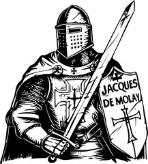 An imposing illustration of Jacques de Molay in full armor, ideal for historical and chivalric themes.
