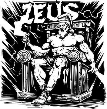 The powerful Greek god Zeus, seated on his throne with thunderbolts, ideal for mythological and epic tales.