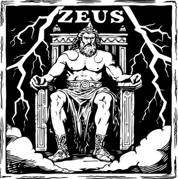 The powerful Greek god Zeus, seated on his throne with thunderbolts, ideal for mythological and epic tales.