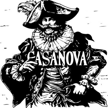 Illustration of Casanova, depicted in period clothing, conjuring the romance and adventure of the 18th century.