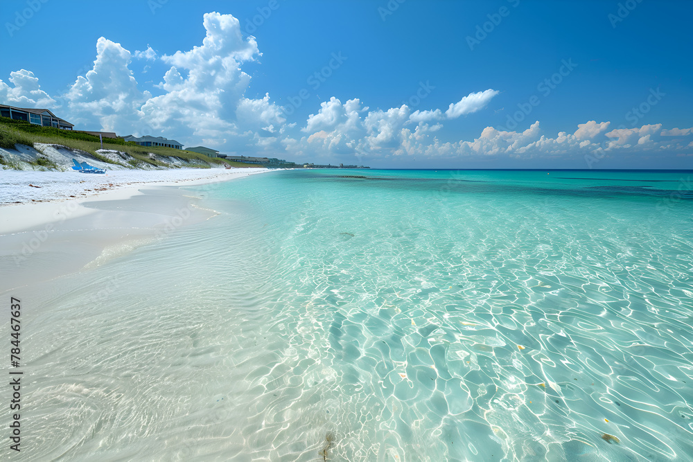Poster a beautiful beach with a clear blue ocean and white sand. the sky is cloudy, but the sun is shining 