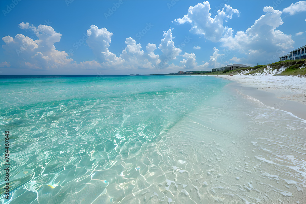 Poster a beautiful beach with a clear blue ocean and white sand. the sky is cloudy, but the sun is shining 