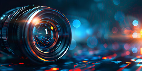 Close up view camera lens colorful blur of lights Professional camera lens black camera lens blur the camera mirror hi tech bokeh background - obrazy, fototapety, plakaty