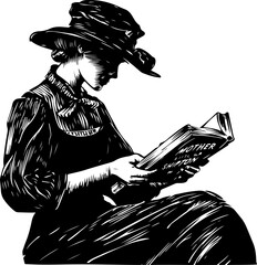 Elegant illustration of a lady in vintage attire reading a book, great for educational, historical, and literary designs - obrazy, fototapety, plakaty
