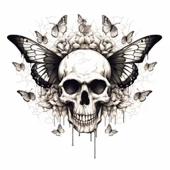 Rideaux velours Papillons en grunge Black-eyed graphic image of human skull with butterflies on white background. For tattoo decoration. AI generated