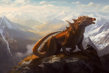 **A breathtaking mountain vista with a colossal dragon perched at its peak, surveying the land below - obrazy, fototapety, plakaty
