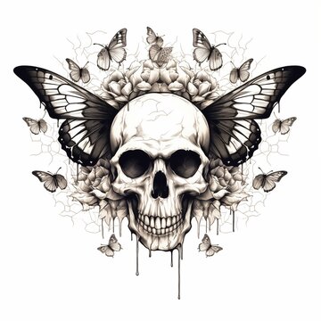 Black-eyed graphic image of human skull with butterflies on white background. For tattoo decoration. AI generated