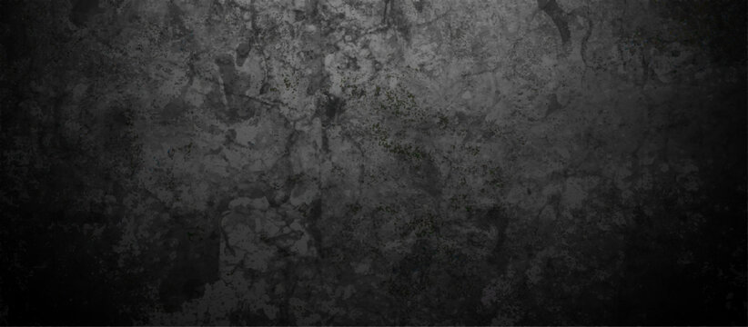 Dark black wall grunge textured concrete backdrop background. Panorama dark grey black slate gradient background or texture. Vector black concrete texture. Stone wall background.	
