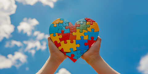 World autism awareness day colorful puzzle jigsaw hand holding sky background