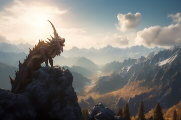 **A breathtaking mountain vista with a colossal dragon perched at its peak, surveying the land below - obrazy, fototapety, plakaty