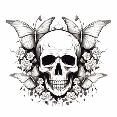 Obraz premium Black-eyed graphic image of human skull with butterflies on white background. For tattoo decoration. AI generated