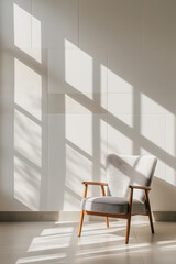 Modern armchair with tufted back in minimalist interior, play of light and shadows.