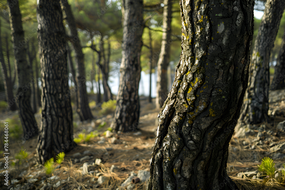 Poster a tree trunk with moss growing on it. the trunk is surrounded by other trees. the image has a peacef