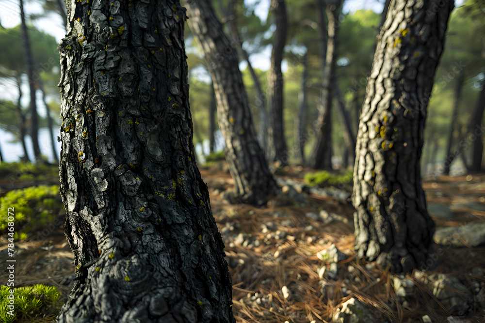 Poster a tree trunk with moss growing on it. the trunk is surrounded by other trees. the image has a peacef