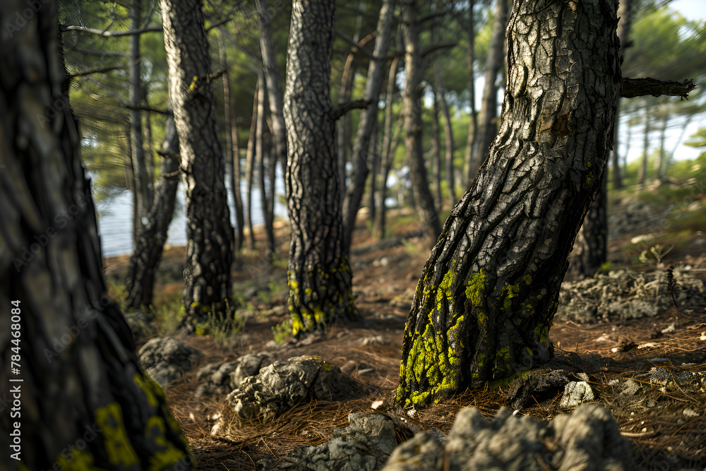 Poster a tree trunk with moss growing on it. the trunk is surrounded by other trees. the image has a peacef