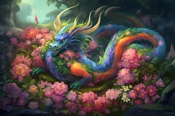 **A magical garden filled with colorful blooms and lush foliage, where a graceful dragon delicately balances on a bed of petals - obrazy, fototapety, plakaty