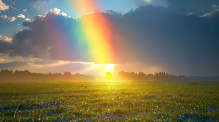   A rainbow gleams vividly in the sky, arching above a verdant expanse of grass In the foreground, a horse grazes peacefully - obrazy, fototapety, plakaty