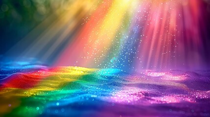  A rainbow light shines brightly in the sky Above it, a stream of water reflects a rainbow hue Additionally, a rainbow-like substance is present