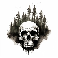Black-eyed graphic image of human skull with trees on white background. For tattoo decoration. AI geberated