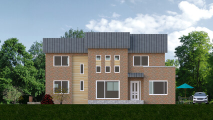 3D rendering elevation of a brick modern house in Ongpori on Jeju island