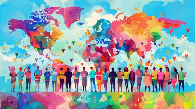 Group of Business People in rainbow Colors with World Map on Background, LGBT concept.