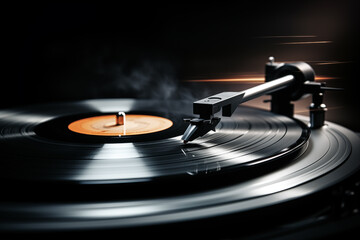Vinyl record player in action with needle on record, music concept, dramatic lighting with smoke.