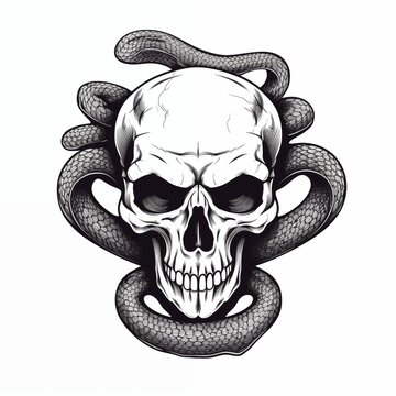 Black-eyed graphic image of human skull with snake on white background. For tattoo decoration. AI generated