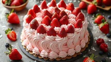   A tight shot of a cake on a table, adorned with strawberries and blueberries nearby