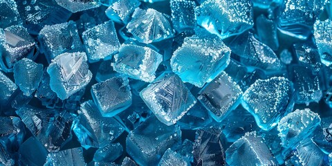 Close up of cold crystal frozen ice cube backdrop a summer refreshment product background with space for product advertisement, Generative AI.