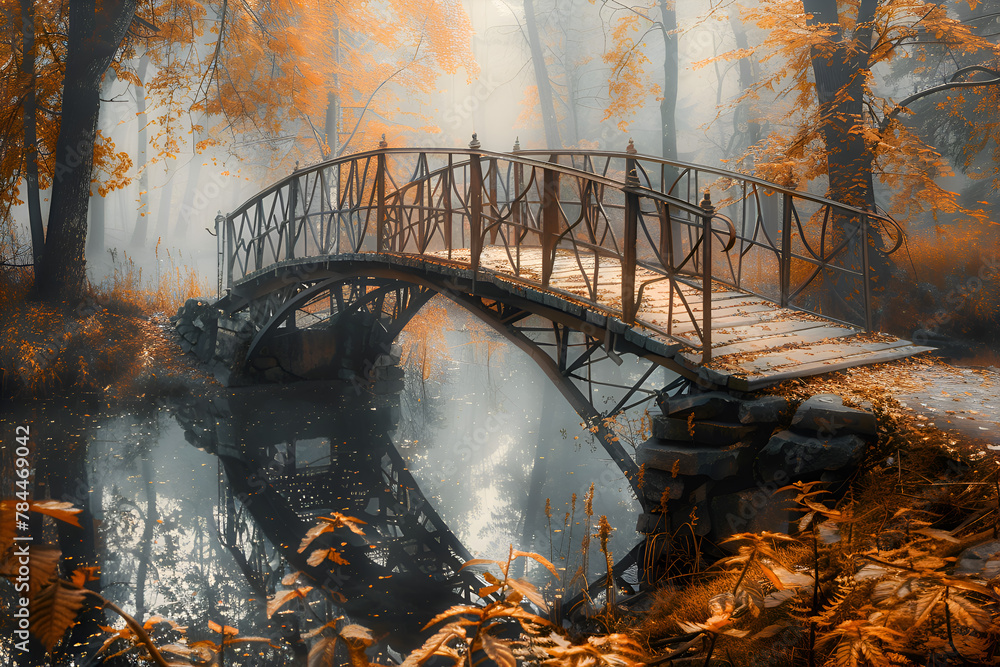 Poster bridge over the river with reflection of the bridge in the water the bridge is wooden and has a rust