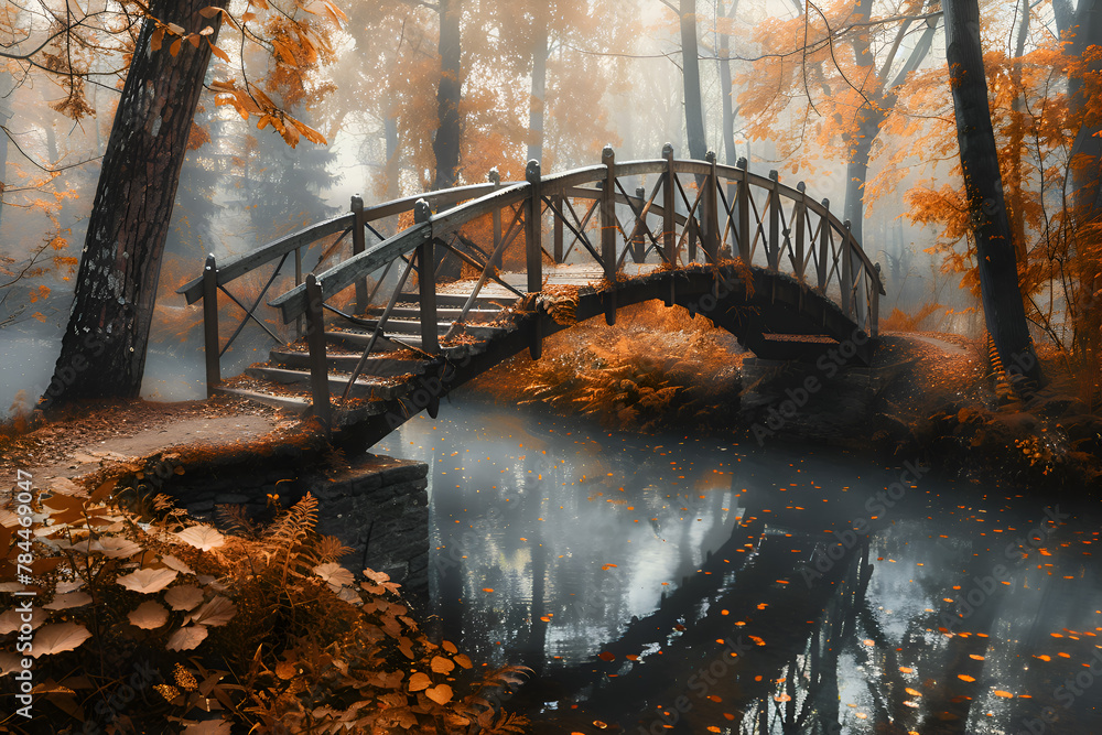 Poster bridge over the river with reflection of the bridge in the water the bridge is wooden and has a rust