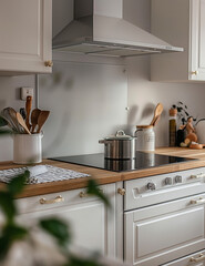 Modern Kitchen, White Cabinet, Electric Stove, Wooden Countertops