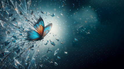 Blue delicate butterfly flying through glass wall to other side, shattering and breaking barrier against all odds, copy space
