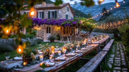   A long table, set up for an outdoor dinner, features strings of lights overhead A house serves as the picturesque backdrop - obrazy, fototapety, plakaty